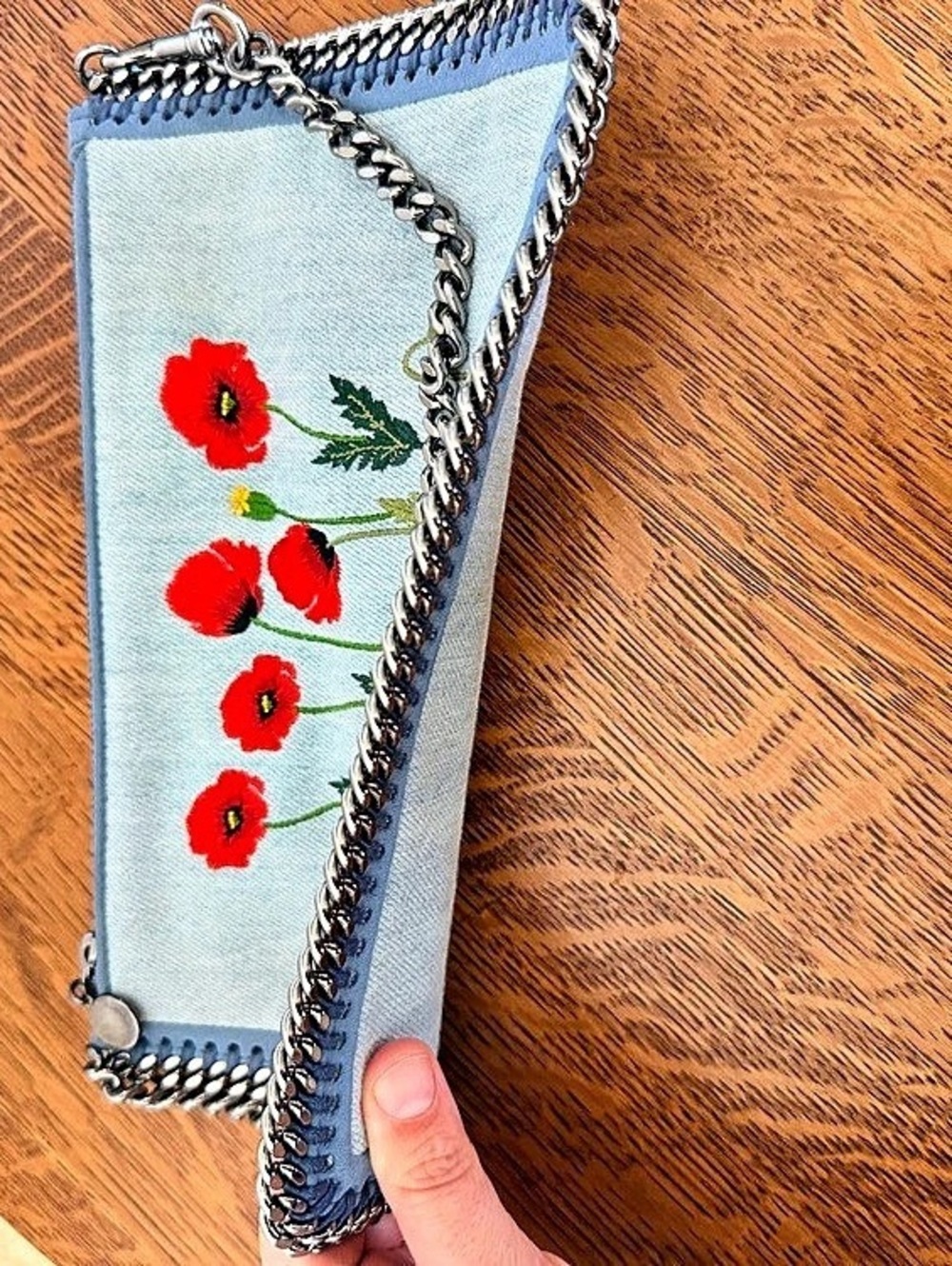 Stella McCartney Denim Poppy Embroidered Falabella Clutch Shoulder Bag - Picture 9 of 12